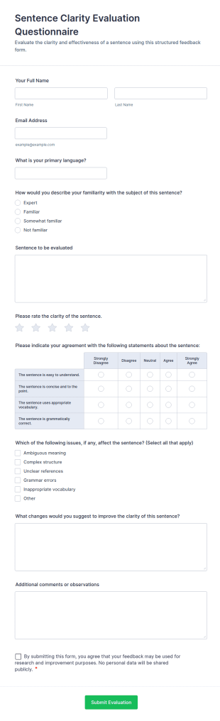 Sentence Clarity Evaluation Questionnaire Form Template