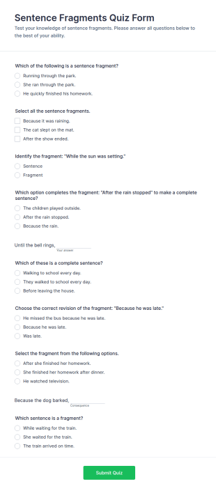 Sentence Fragments Quiz Form Template