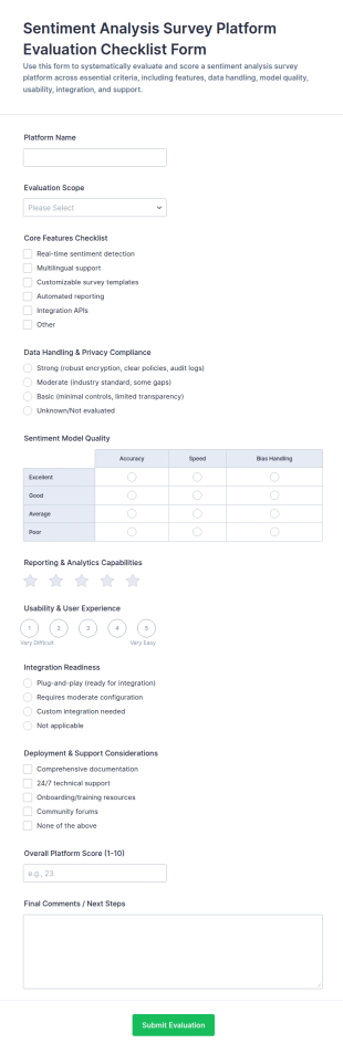 Sentiment Analysis Survey Platform Evaluation Checklist Form Template