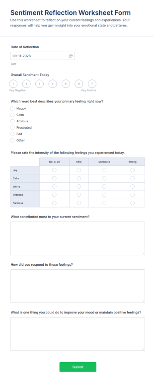 Sentiment Reflection Worksheet Form Template
