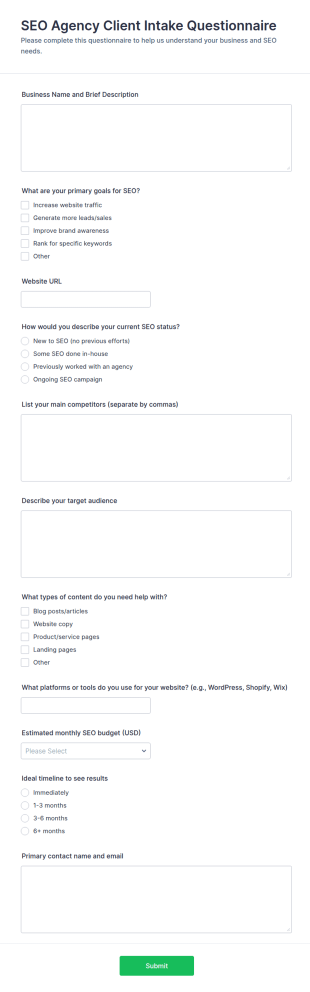 SEO Agency Client Intake Questionnaire Form Template