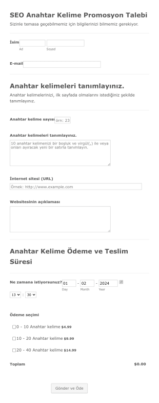 SEO Anahtar Kelime Promosyon Talep Form Şablonu