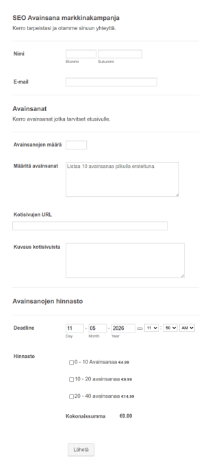 SEO Avainsana Markkinakampanjan Pyyntölomake
