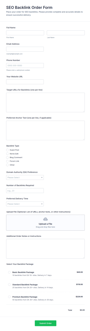 SEO Backlink Order Form Template