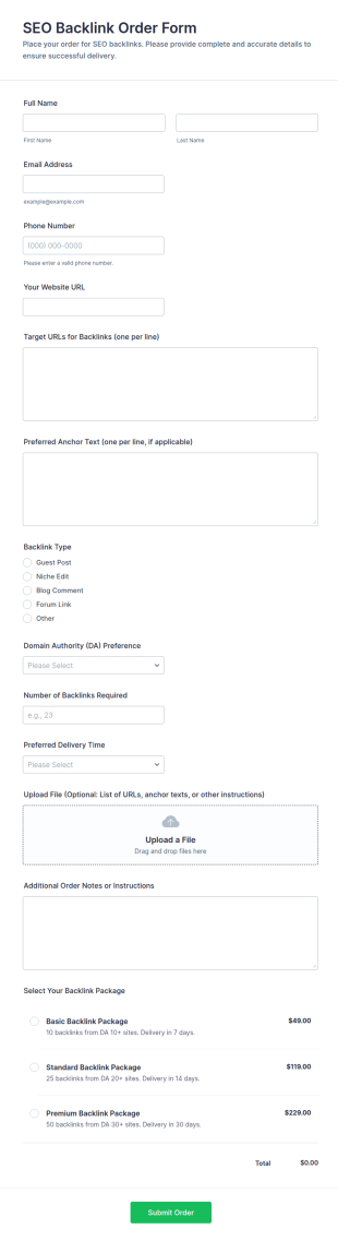 SEO Backlink Order Form Template