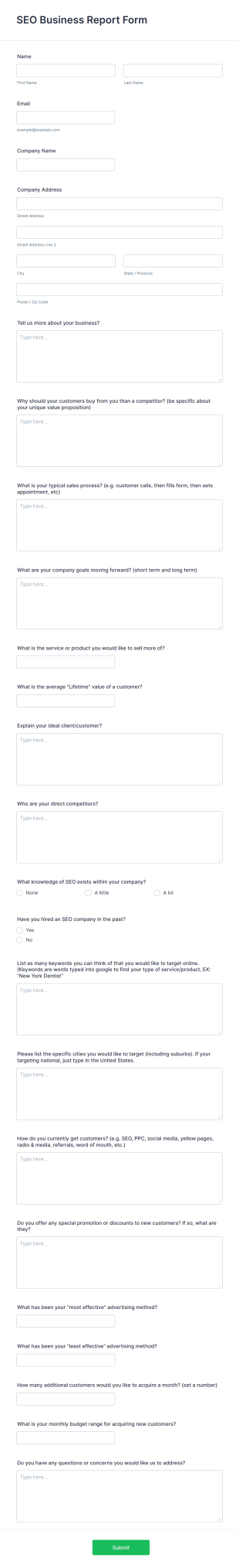 SEO Business Report Form Template
