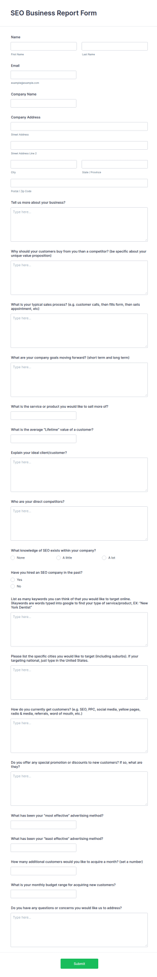 SEO Business Report Form Template