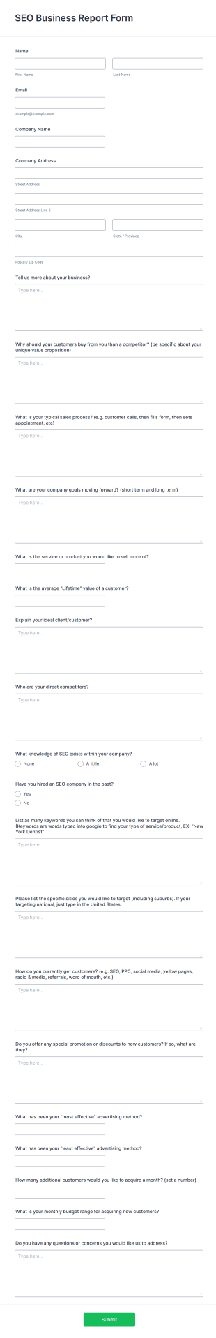 SEO Business Report Form Template