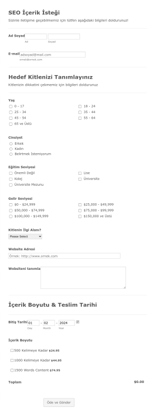 SEO İçeriği İstek Form Template