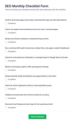 SEO Monthly Checklist Form Template