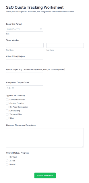 SEO Quota Tracking Worksheet Form Template