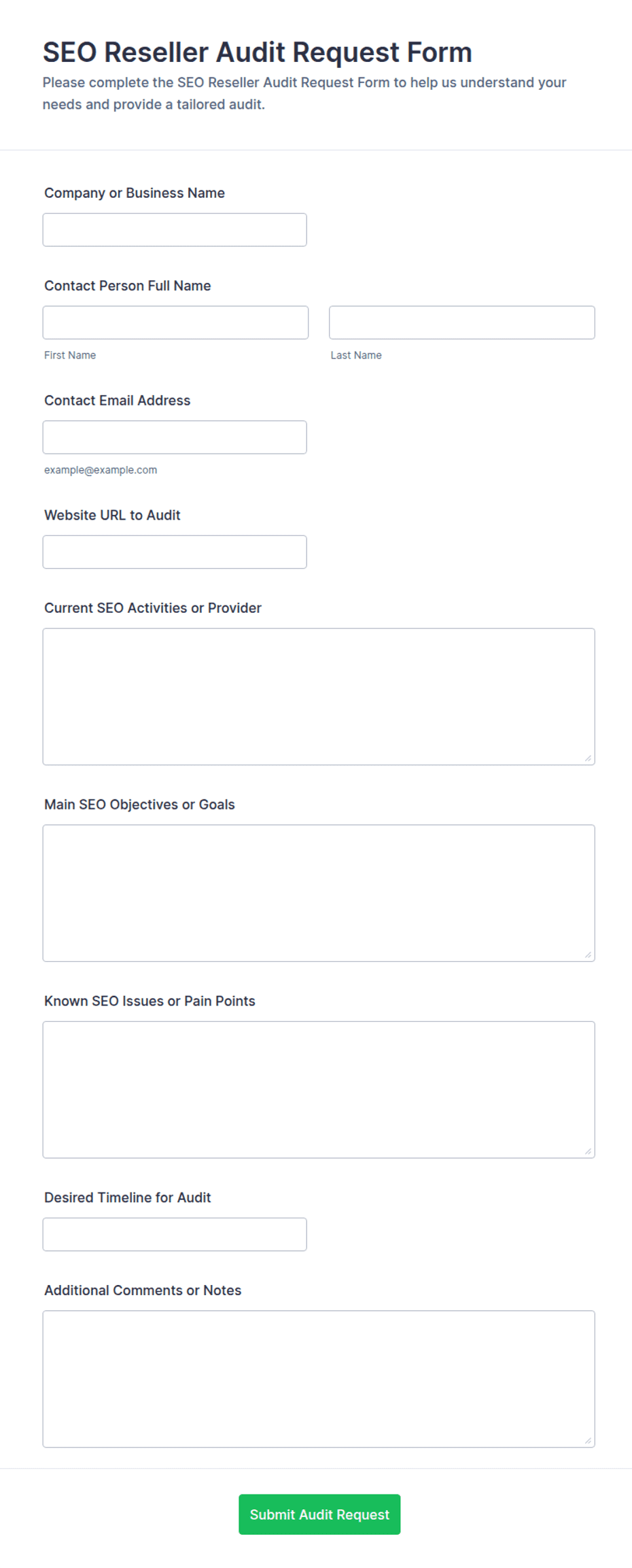 SEO Reseller Audit Request Form Template | Jotform