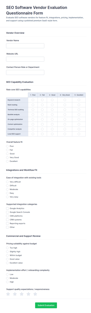 SEO Software Vendor Evaluation Questionnaire Form Template