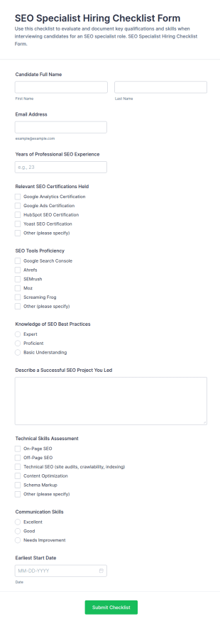 SEO Specialist Hiring Checklist Form Template