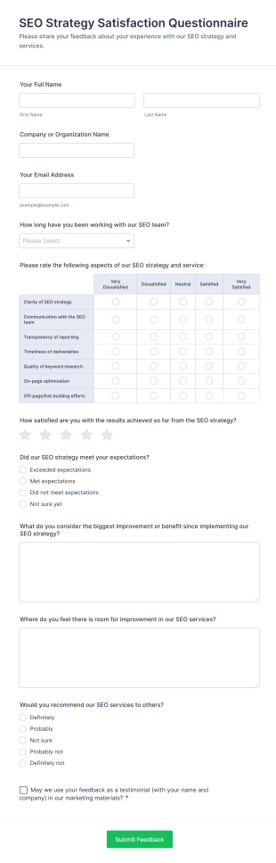 SEO Strategy Satisfaction Questionnaire Form Template