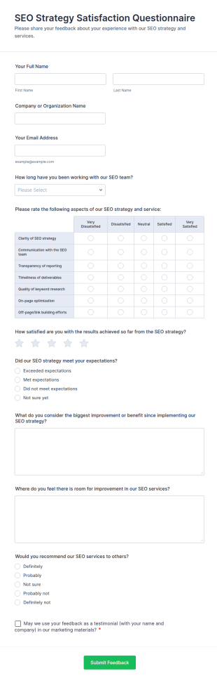 SEO Strategy Satisfaction Questionnaire Form Template