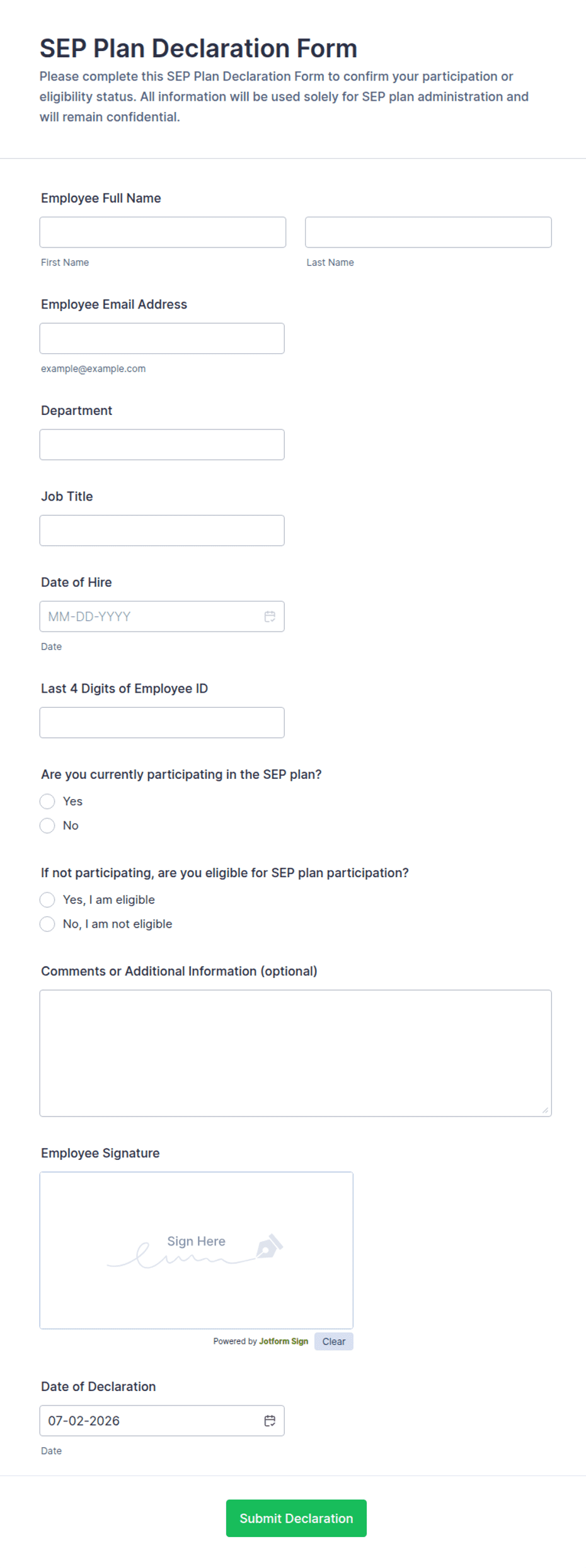 SEP Plan Declaration Form Template | Jotform