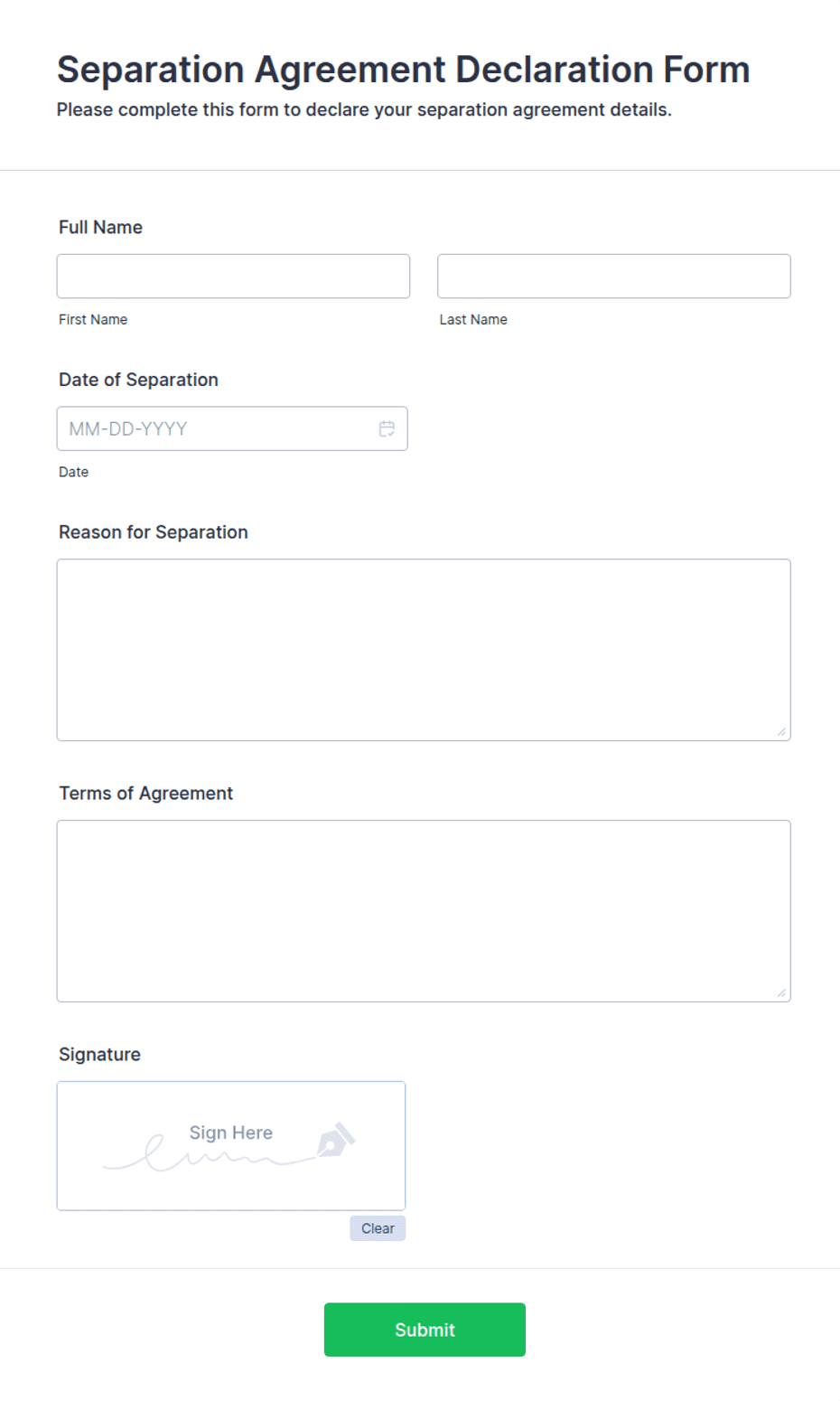 Separation Agreement Declaration Form Template | Jotform