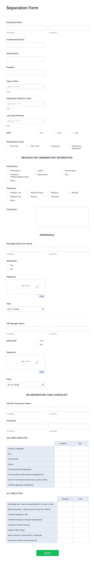 Separation Form Template
