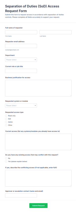 Separation Of Duties Access Request Form Template