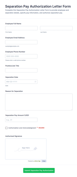 Separation Pay Authorization Letter Form Template