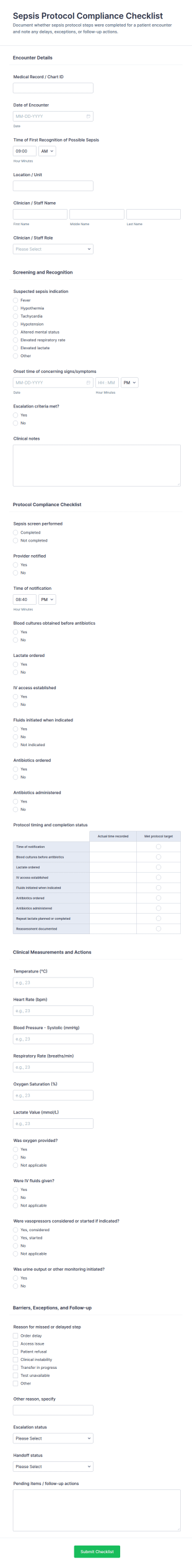 Sepsis Protocol Compliance Checklist Form Template