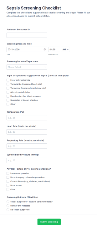 Sepsis Screening Checklist Form Template