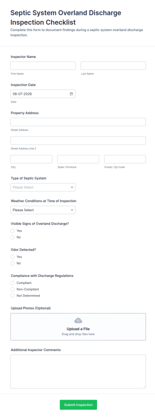 Septic System Overland Discharge Inspection Checklist Form Template