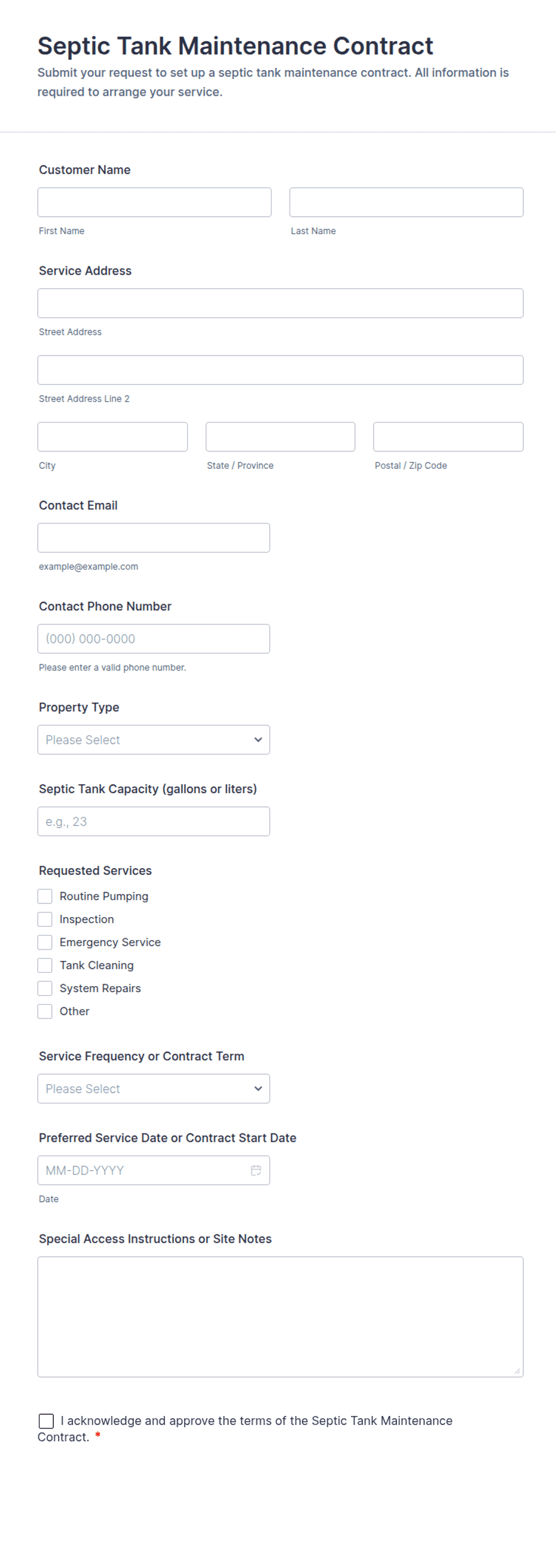 Septic Tank Maintenance Contract Form Template | Jotform