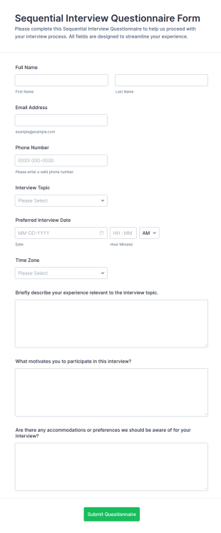 Sequential Interview Questionnaire Form Template