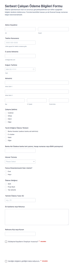 Serbest Çalışan Ödeme Bilgileri Form Şablonu