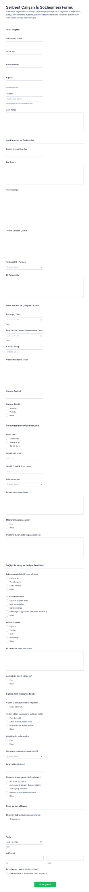 Serbest Çalışmacı İş Sözleşmesi Form Şablonu