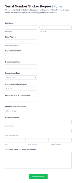 Serial Number Sticker Request Form Template