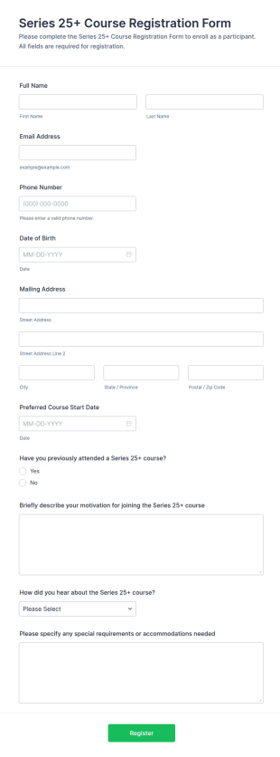 Series 25+ Course Registration Form Template