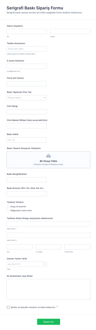 Serigrafi Baskı Sipariş Form Şablonu