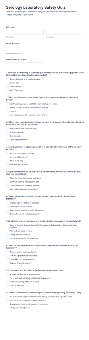 Serology Laboratory Safety Quiz Form Template