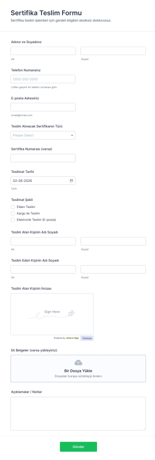 Sertifika Teslim Form Şablonu
