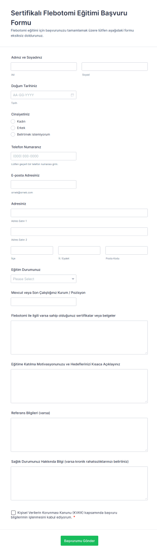 Sertifikalı Flebotomi Eğitimi Başvuru Form Şablonu