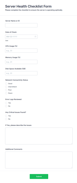 Server Health Checklist Form Template