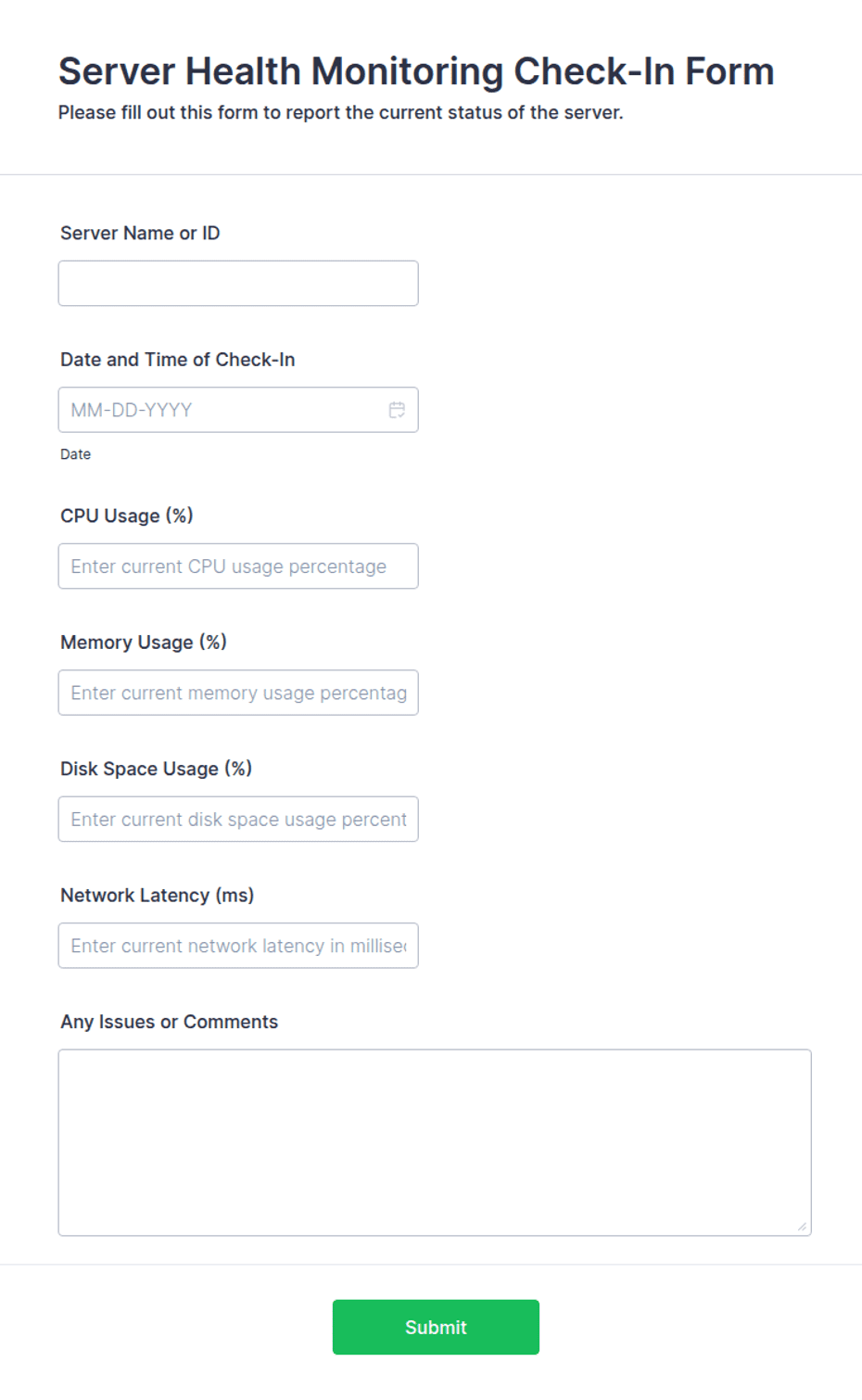 Server Health Monitoring Check-In Form Template | Jotform