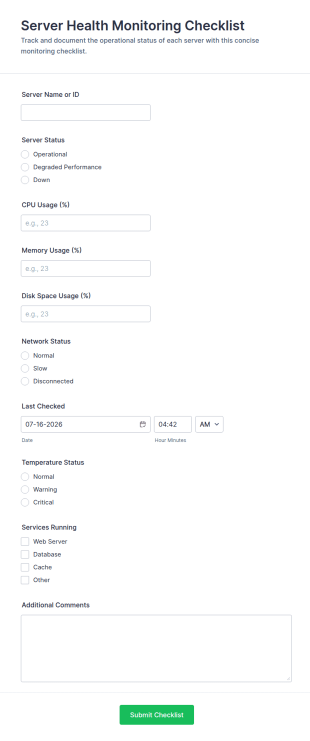 Server Health Monitoring Checklist Form Template