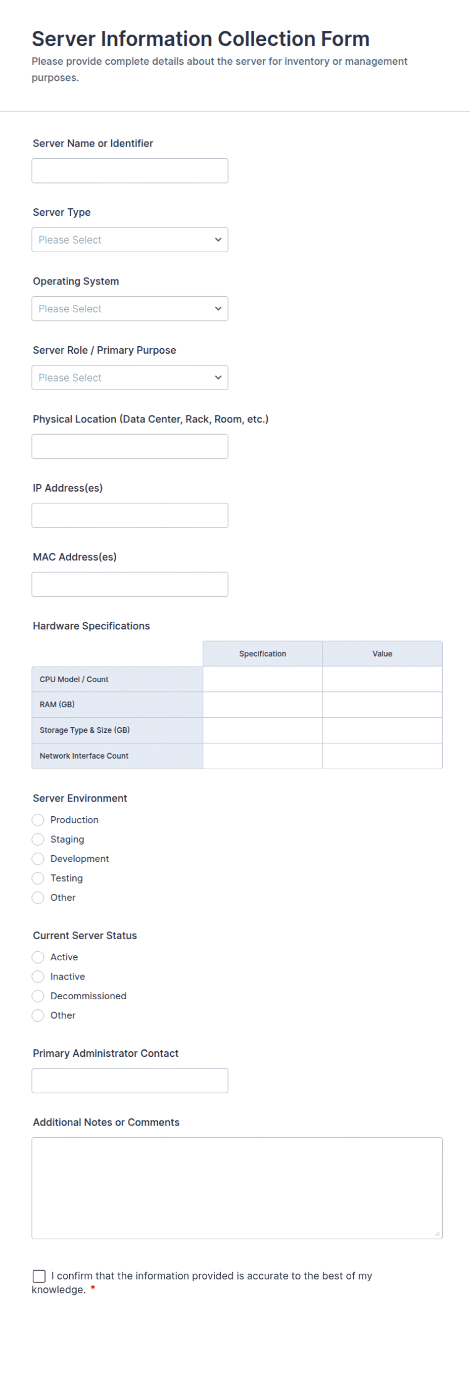 Server Information Collection Form Template | Jotform