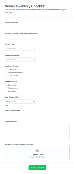 Server Inventory Checklist Form Template
