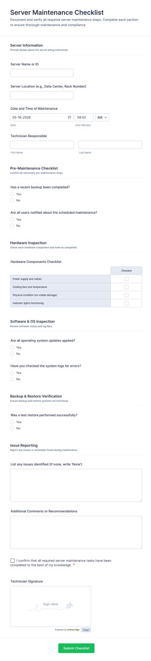Server Maintenance Checklist Form Template