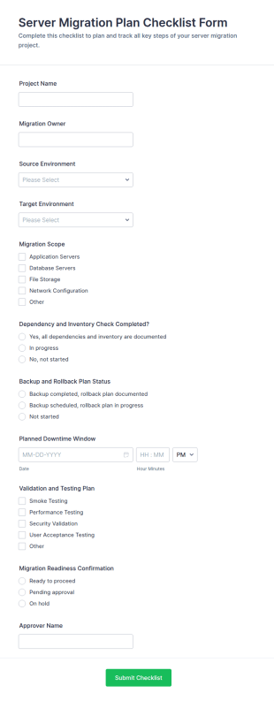 Server Migration Plan Checklist Form Template