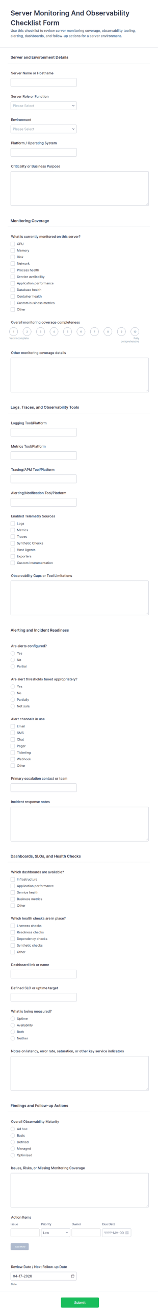 Server Monitoring And Observability Checklist Form Template