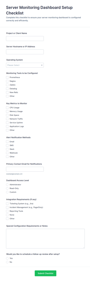 Server Monitoring Dashboard Setup Checklist Form Template