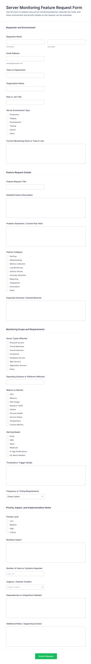Server Monitoring Feature Request Form Template