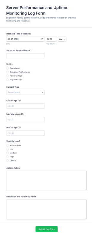 Server Performance And Uptime Monitoring Log Form Template