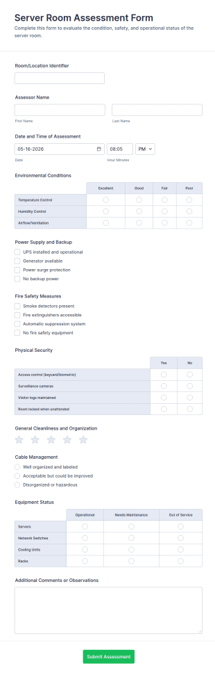 Server Room Assessment Form Template